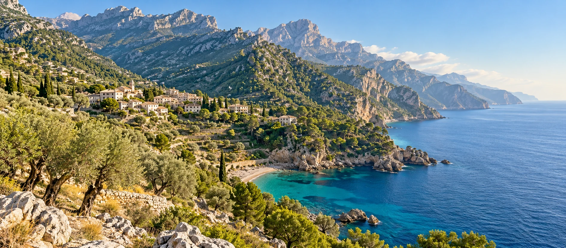 Paisaje de la Serra de Tramuntana y el Mediterráneo en Mallorca