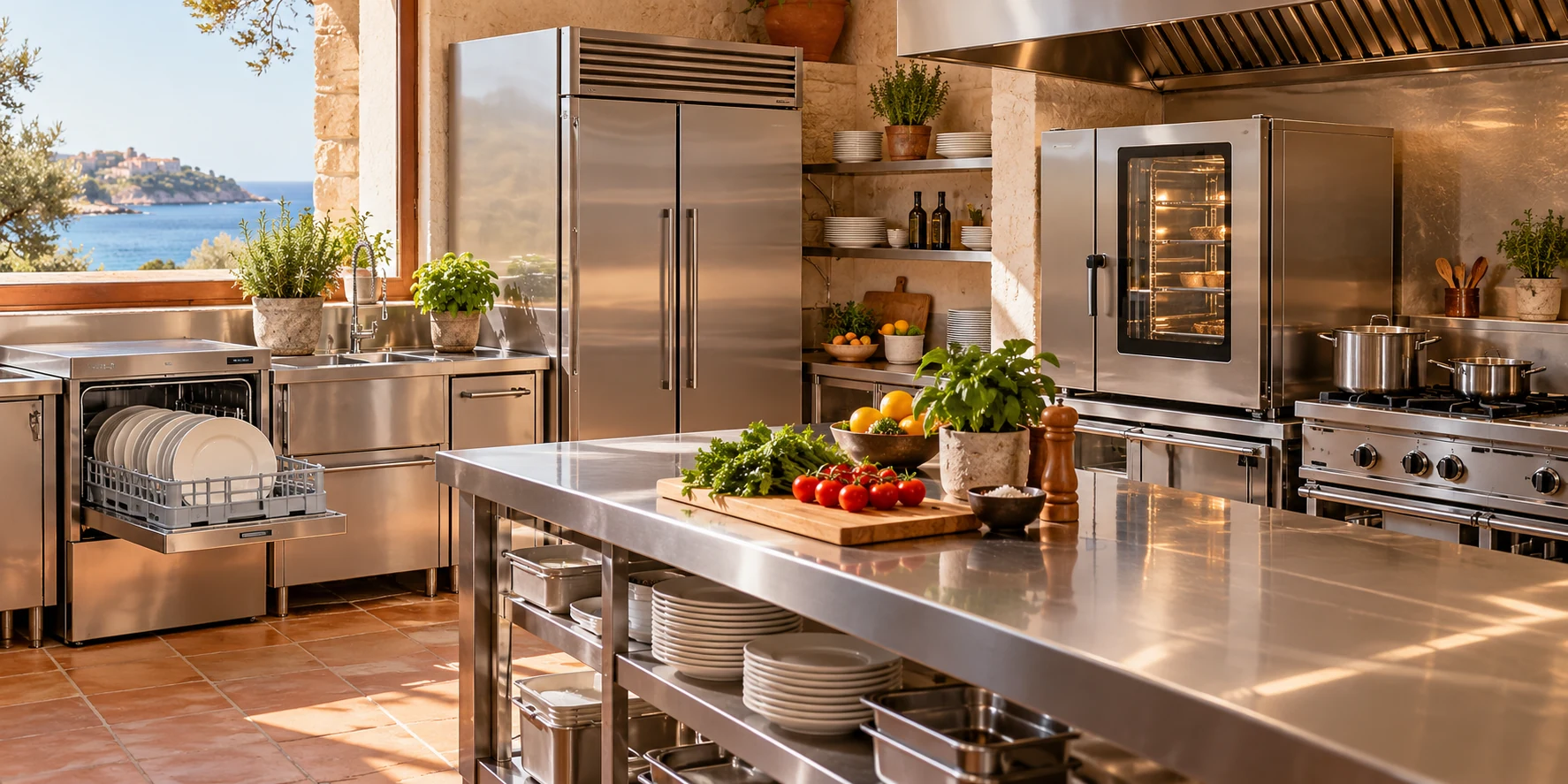 Cocina profesional en Mallorca con horno, cámaras frigoríficas y lavavajillas industriales